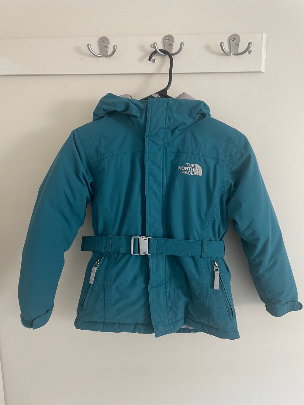 The North Face Hyvent 550 Teal Hooded Kids' Puffer Jacket with Belt sz 6/7